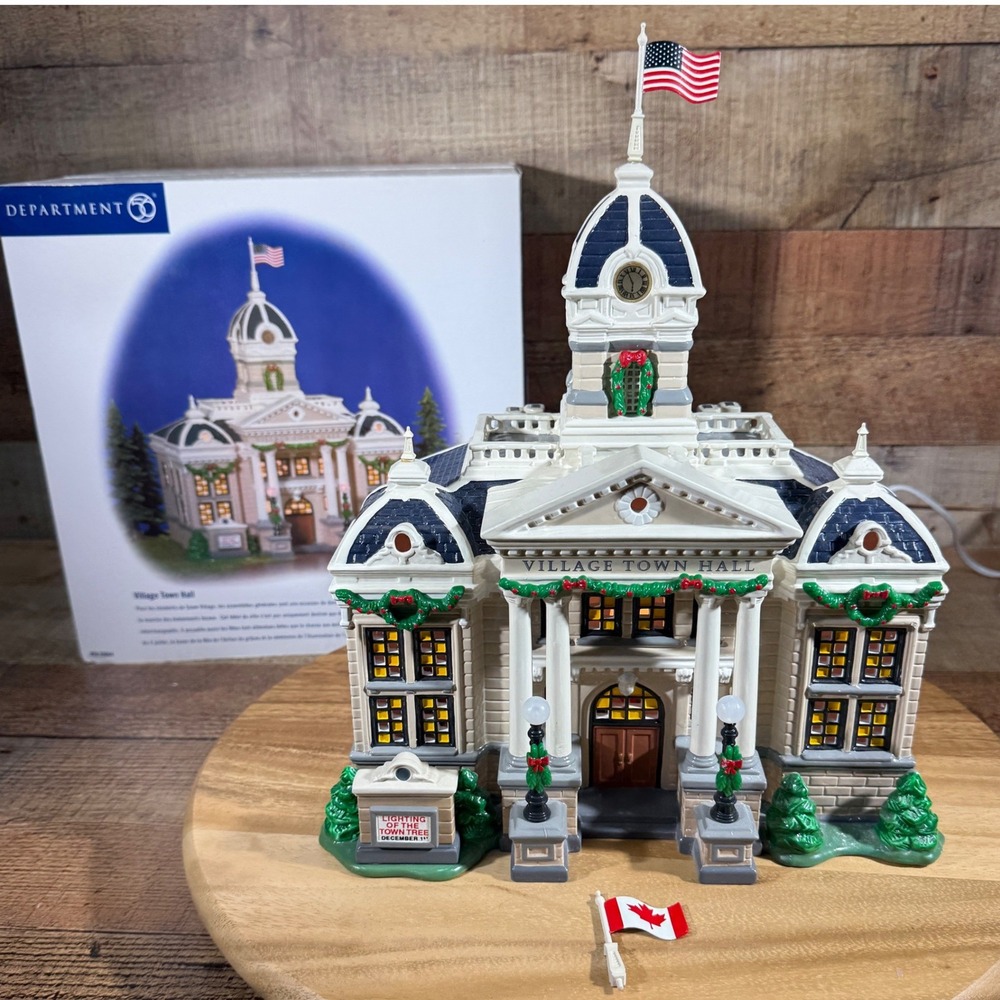 Dept 56 Village Town Hall Snow Village 56.55044 White Ceramic Lit Building Decor